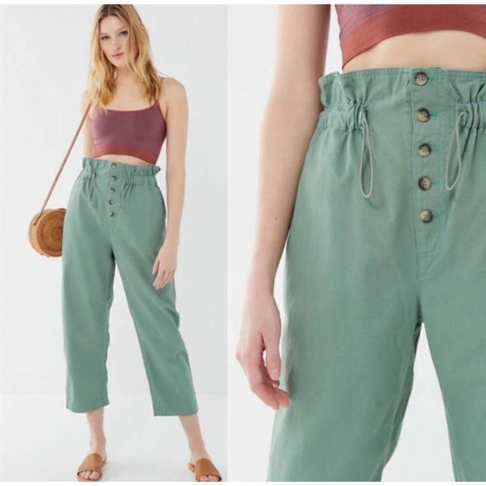 Urban Outfitters Terra High-Waisted Paperbag Cropped Sage Green Pants…